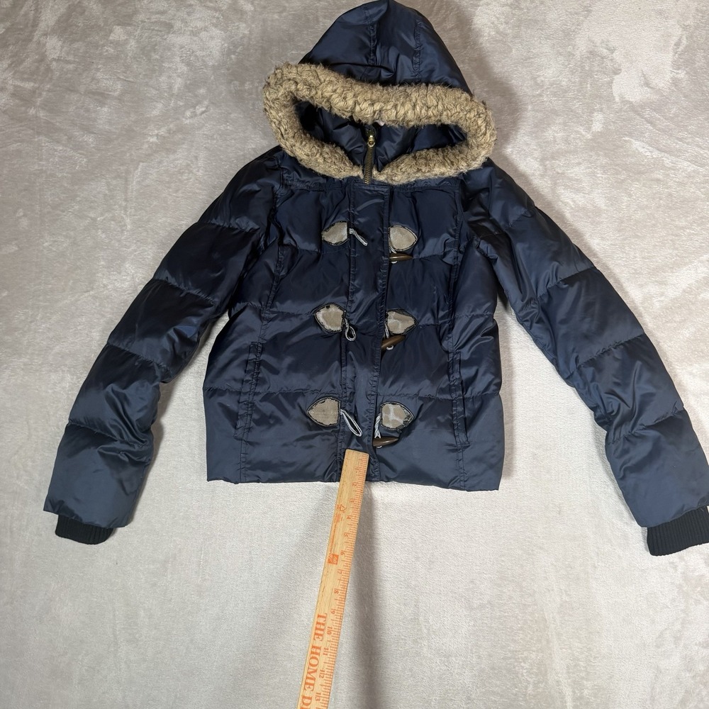 Juicy Couture Womens M Puffer Jacket Navy Blue Faux Fur Hood Toggle Y2K